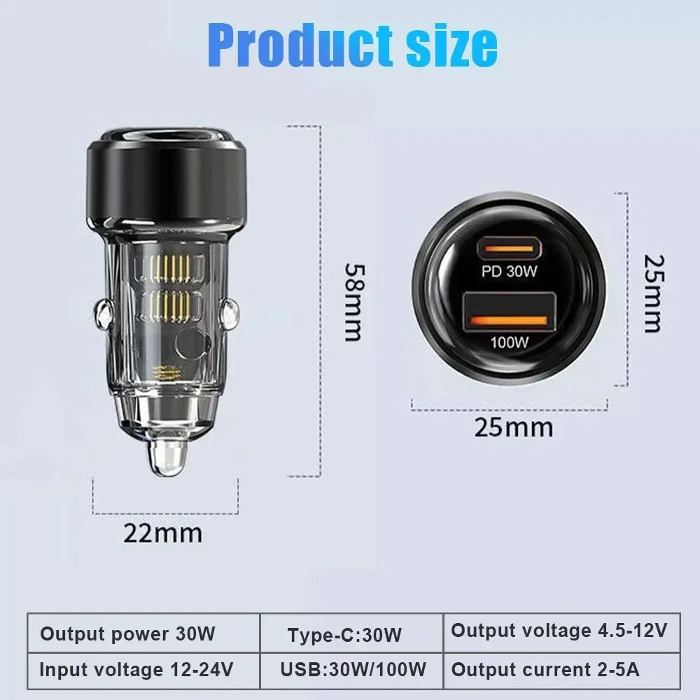 130W Type C Transparent Car Charger USB Fast Charging in Car for iPhone 16 15 Xiaomi 14 Huawei Quick Charge Mobile Phone Charger