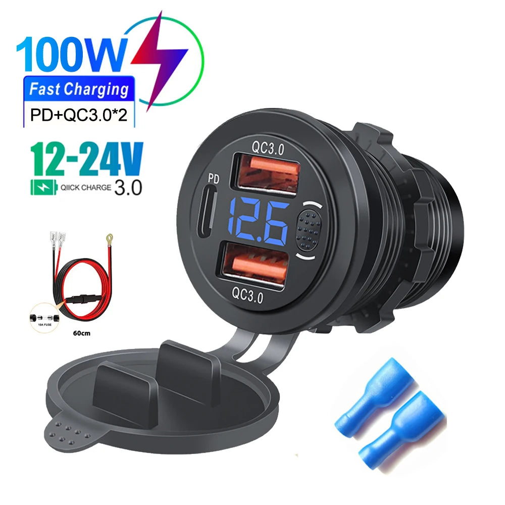 86W Car Charger PD Type C QC3.0 Fast Charging with Voltmeter Power Outlet Adapter Waterproof 12V/24V for Car Boat Motorcycle