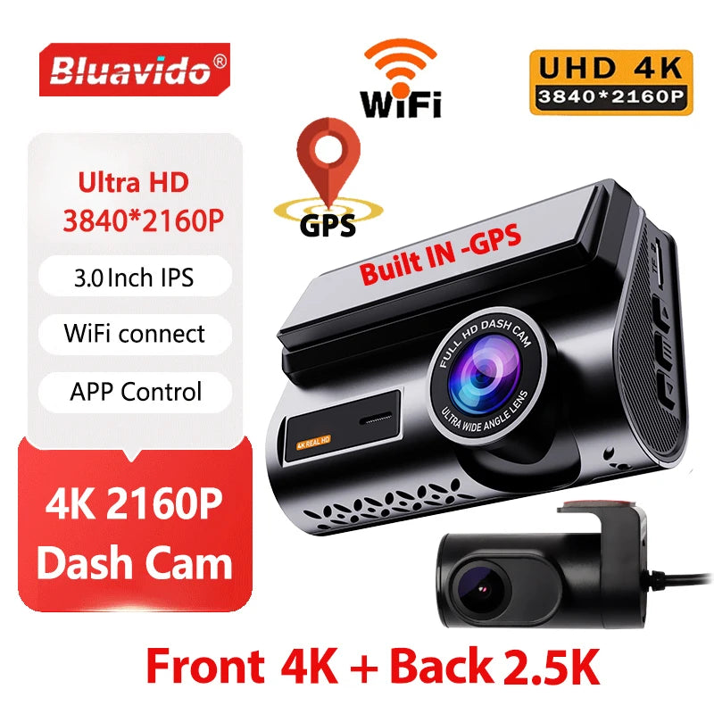 Dash Cam 4K Front and 2.5K Rear Dual Camera GPS WiFi with IMX415 Night Vision 3" Screen APP Control 24H Parking Monitor Tracking