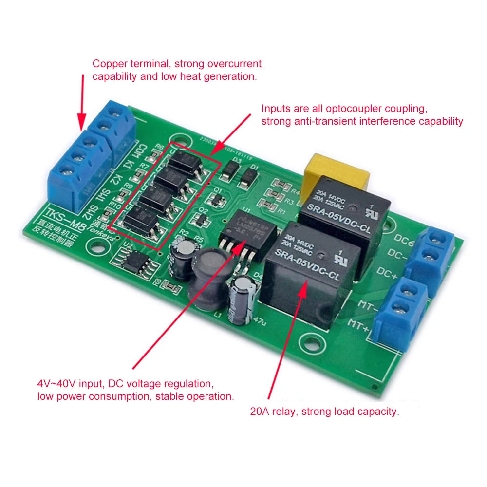 Controlador de motor de CC de 6 V, 12 V y 24 V CC, de avance y retroceso, 20 A, alta corriente, con relé de límite, placa de control de elevación