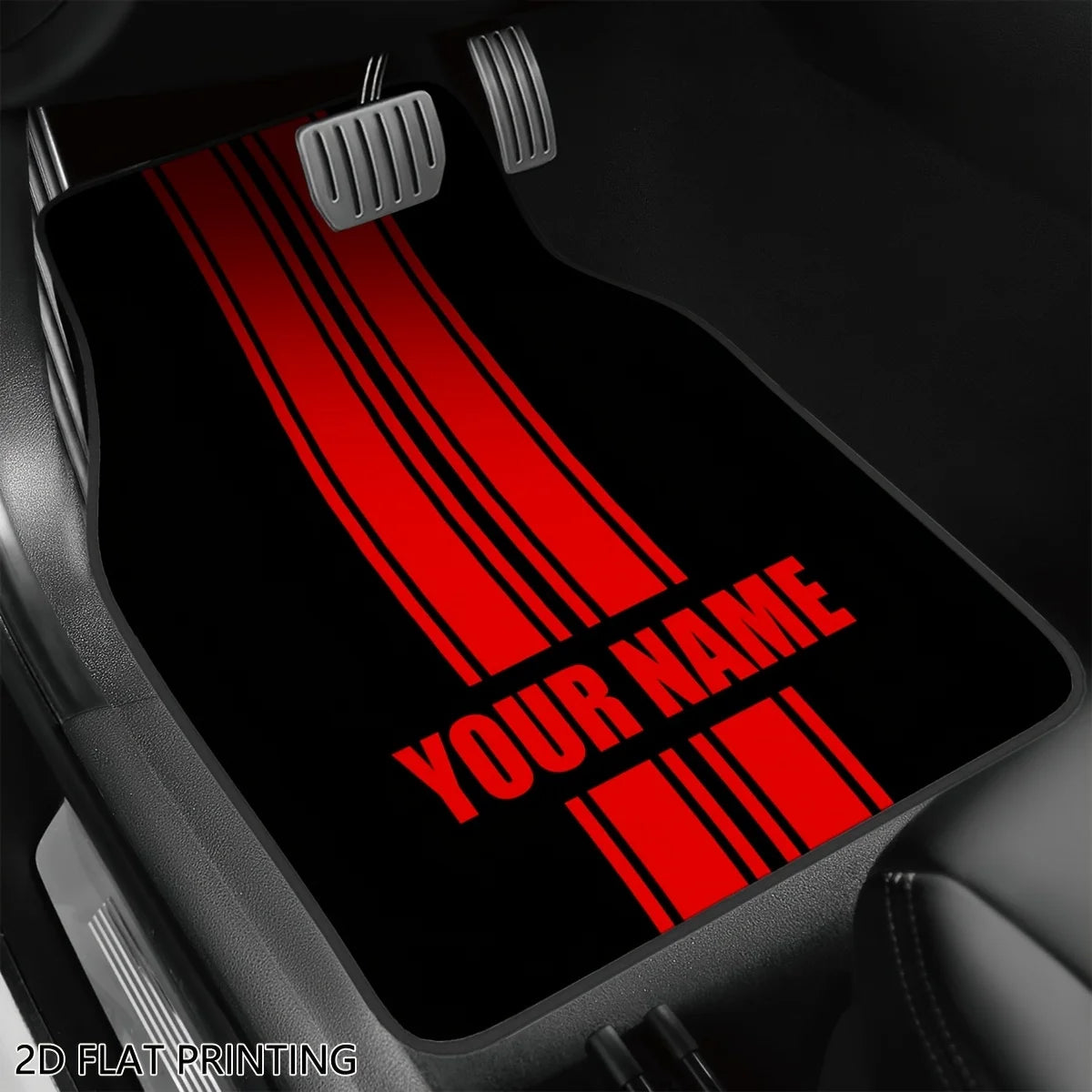 Custom 4pcs Car Floor Mats With Personalized Name/Text - Red Vertical Stripes On Black, All-Season Durable Polyester Auto Liners