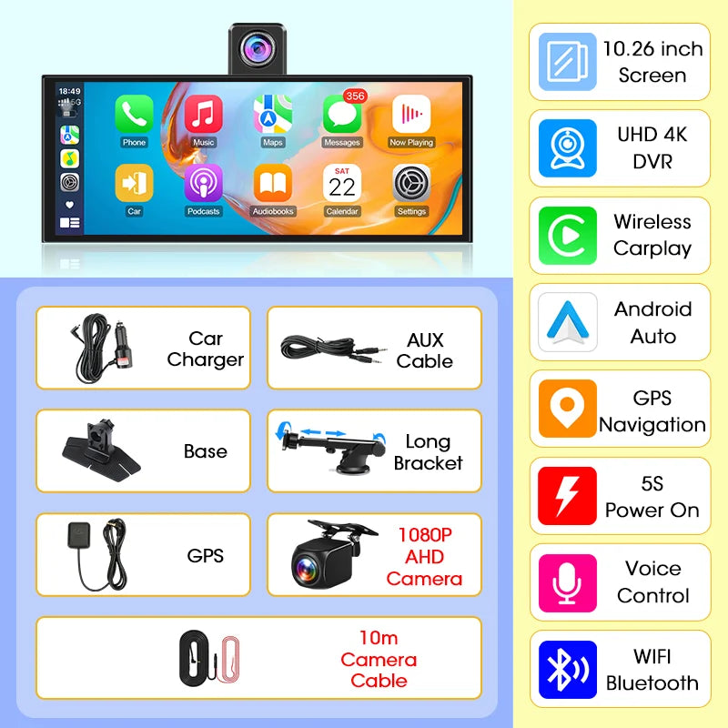 4K Dash Cam 10.26 inch Carplay & Android Auto Car DVR Video Recorder Dahscam Camera 5G Wifi GPS Navigation FM AUX 360 ° Rotation