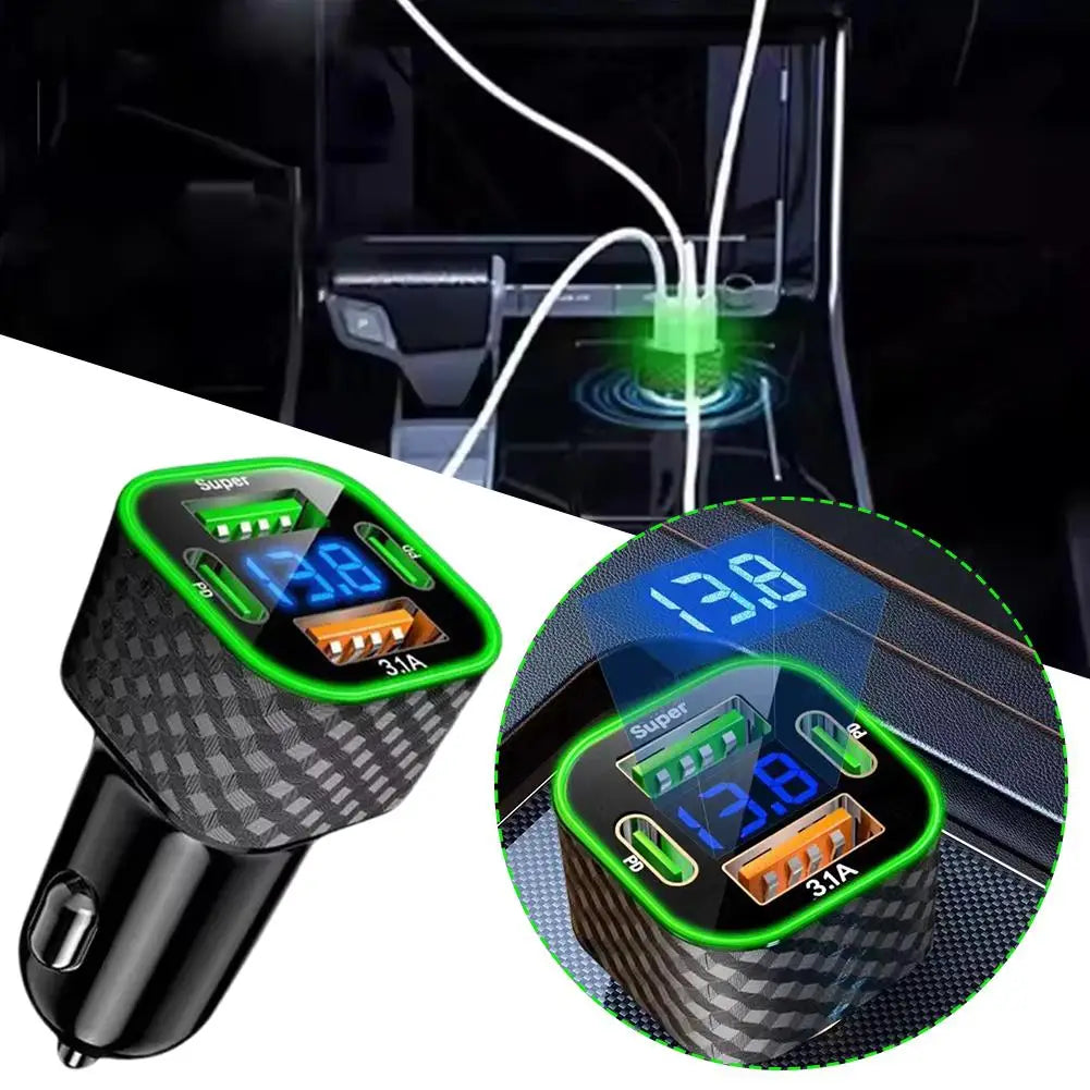 USB C 66W Car Phone Charger Dual PD 4 In 1 With Voltage Display General Super Fast Charge Adapter CE Car Accessories