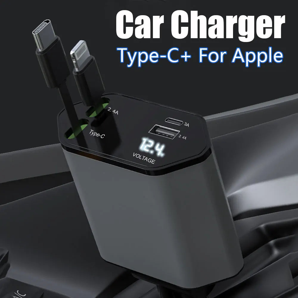 120W 4 Ports Car Charger Fast Charging PD QC3.0 USB Type C Car Phone Charger Retractable Charging Cable Adapter For IPhone