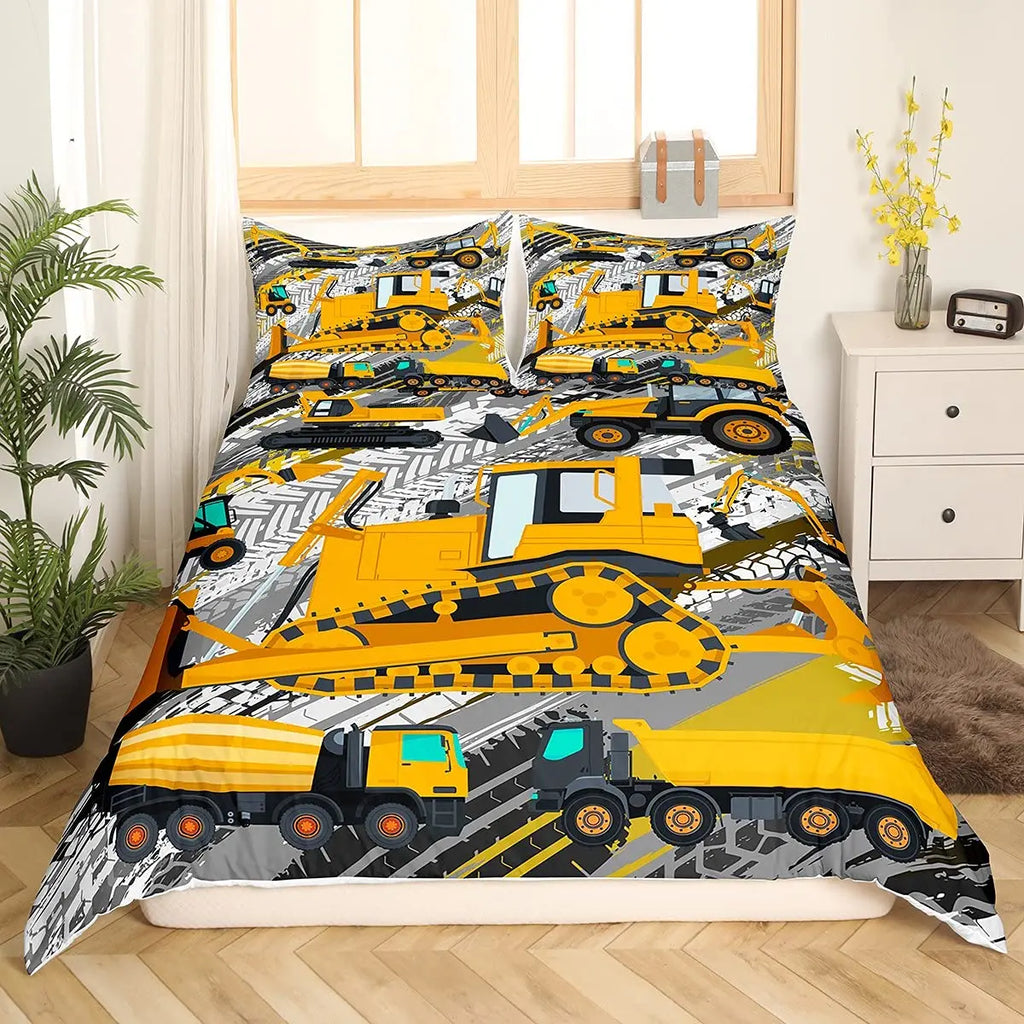 Construction Vehicles Boys Excavator Duvet Cover Yellow Tractor Truck Bedding Set for Teens Child Old Retro Car Theme Room Decor