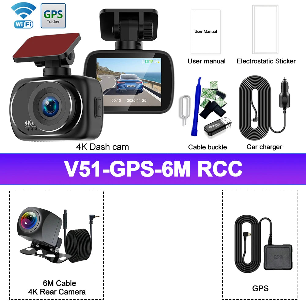 Dash Cam Dual Lens 4K UHD Recording Car Camera DVR Night Vision Video Recorder Support GPS Wi-Fi Black Box 4K Rear View Camera