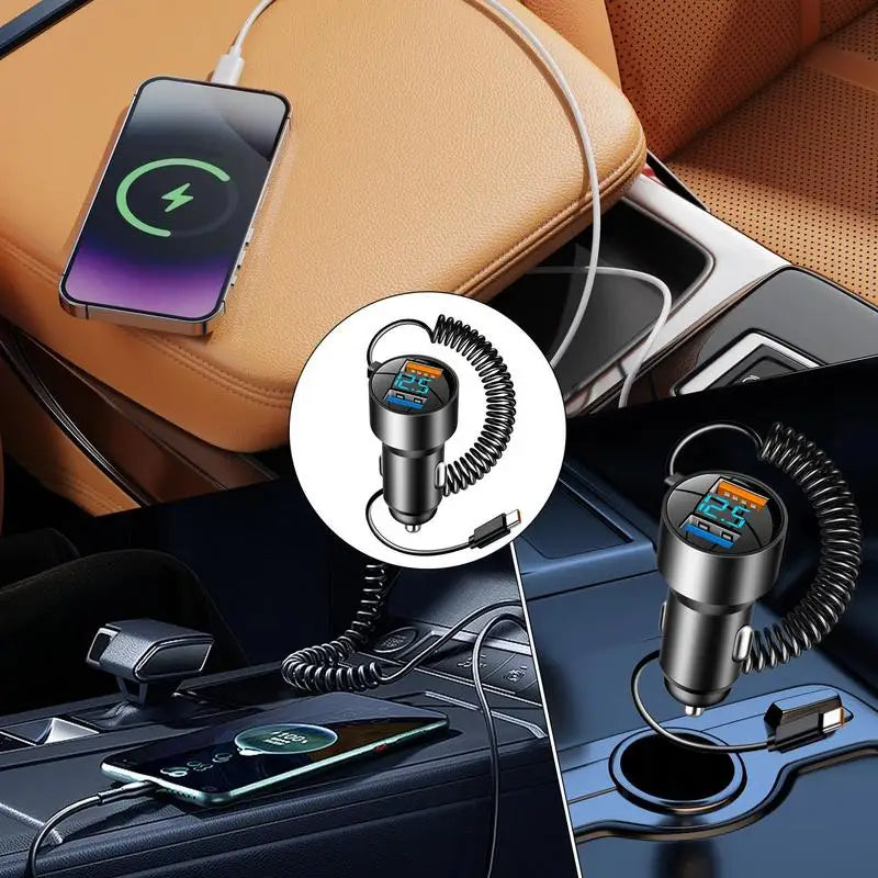 USB C Car Charger Type C Charger Fast Charging Car PD QC 3.0 USB Charger Multi Port 100W Car Charger Retractable Cord For