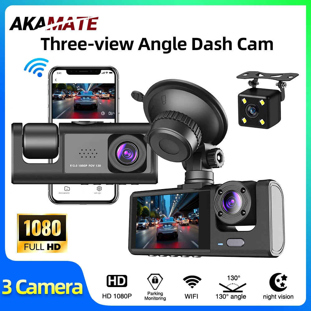 Car DVR 3 Cameras Recorder Rear Inside Vehicle 3-Lens Dash Cam Three Way Camera DVRs Dashcam 3 Channel Video Camcorde 1080P HD