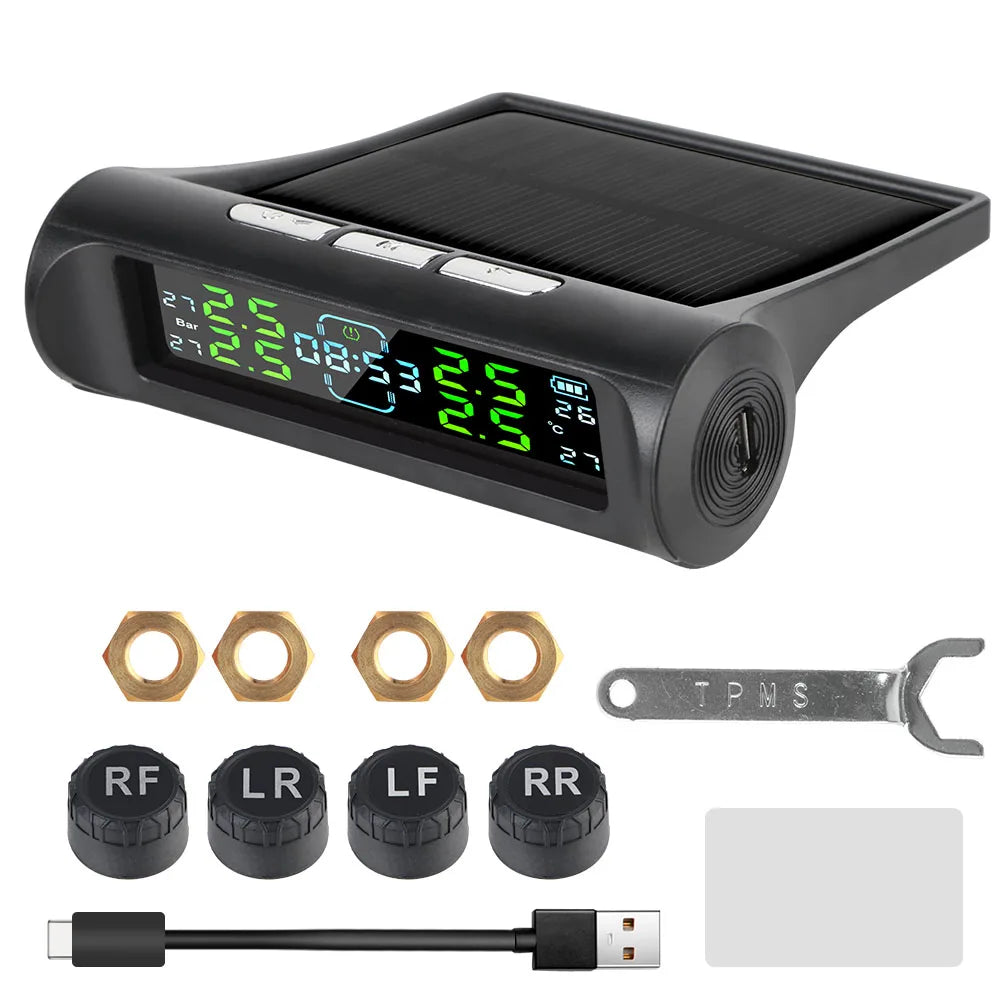 Auto Security Alarm Systems Digital LCD Display USB / Solar TPMS Car Tire Pressure Monitoring System With Digital Clock
