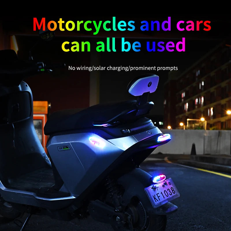 Motorcycle and electric vehicle solar warning flashing lights, anti rear end flash lights, wireless car rear grille lights witho