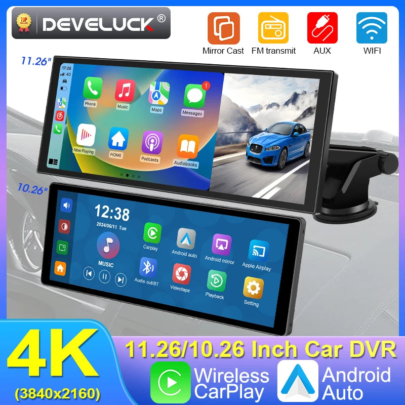 10/11.26 inch 4K Dash Cam Wireless Carplay & Android Auto Car Dvr 360 ° Rotation Dual Lens Video Recorder Dashboard Truck Camera