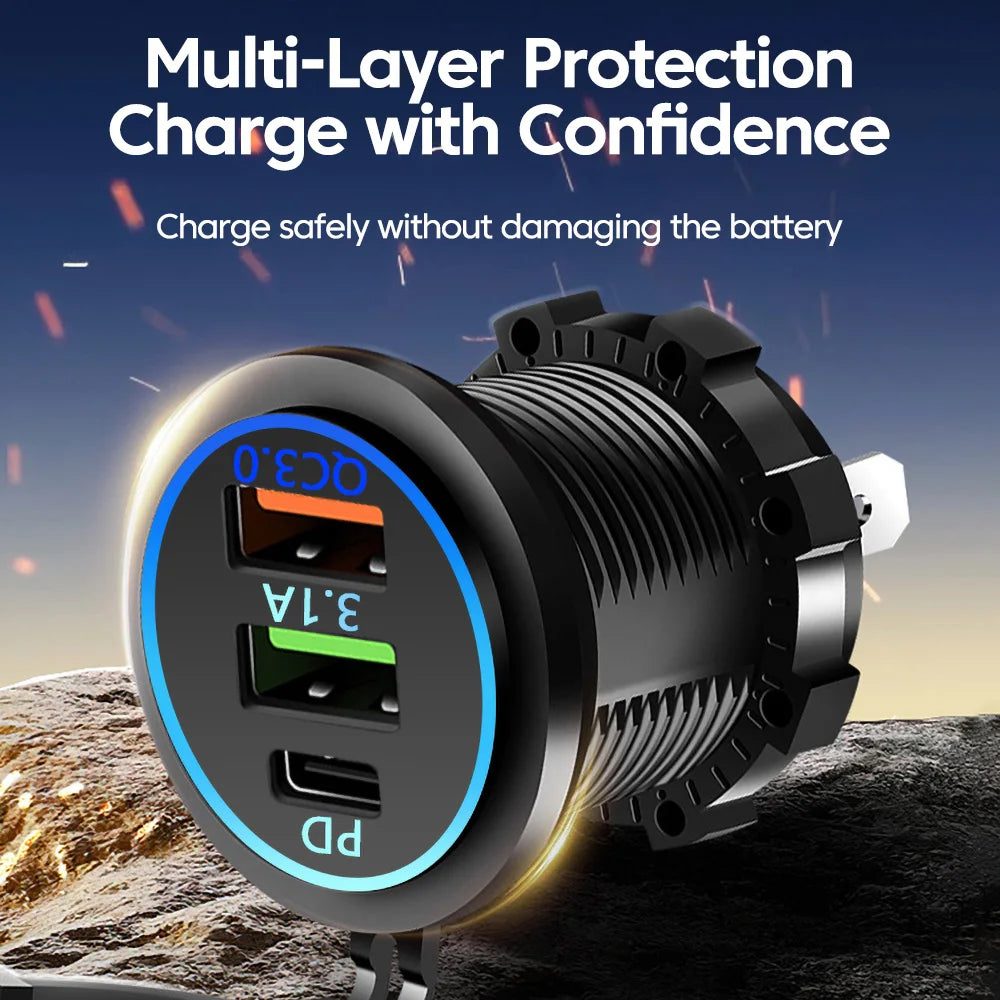 Motorcycle Car Charger Waterproof Modified QC3.0 Dual USB+ Type-C Charger Charger Accessori For 12V-24V Car Auto Motorcycle