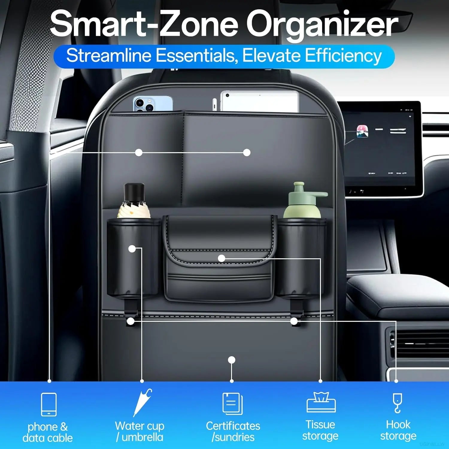 Backseat Car Organizer Leather Back of Seat Car Organizers for Drivers with Large Capacity 6 Storage Pockets Waterproof Kick Mat