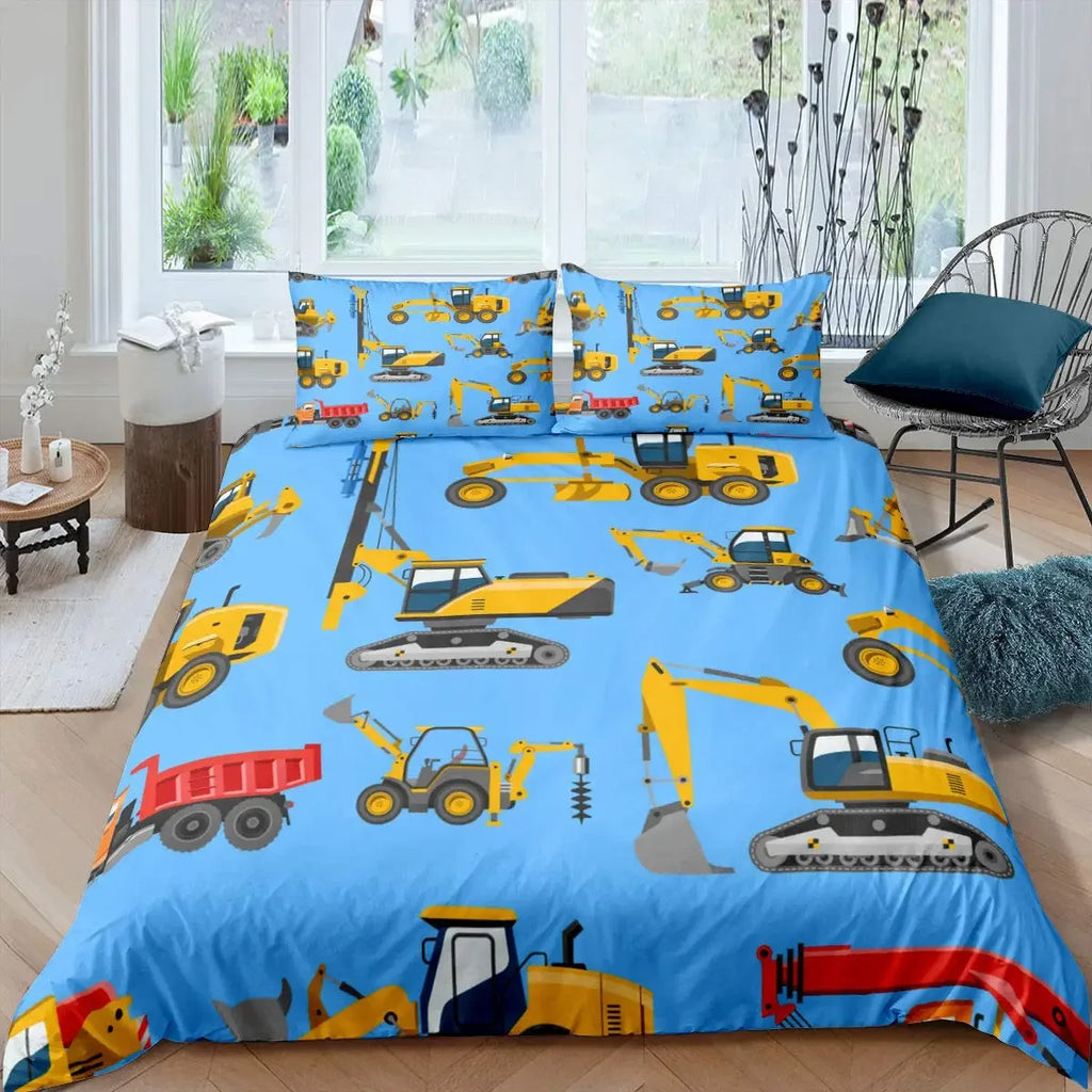 Construction Vehicles Boys Excavator Duvet Cover Yellow Tractor Truck Bedding Set for Teens Child Old Retro Car Theme Room Decor