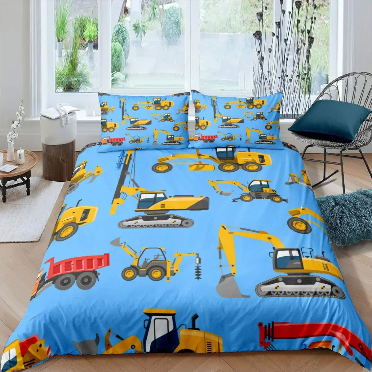 Construction Vehicles Boys Excavator Duvet Cover Yellow Tractor Truck Bedding Set for Teens Child Old Retro Car Theme Room Decor