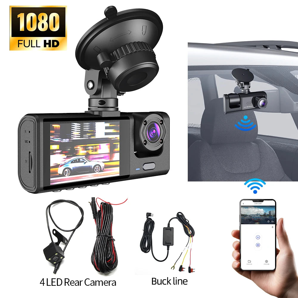Car DVR 3 Cameras Recorder Rear Inside Vehicle 3-Lens Dash Cam Three Way Camera DVRs Dashcam 3 Channel Video Camcorde 1080P HD