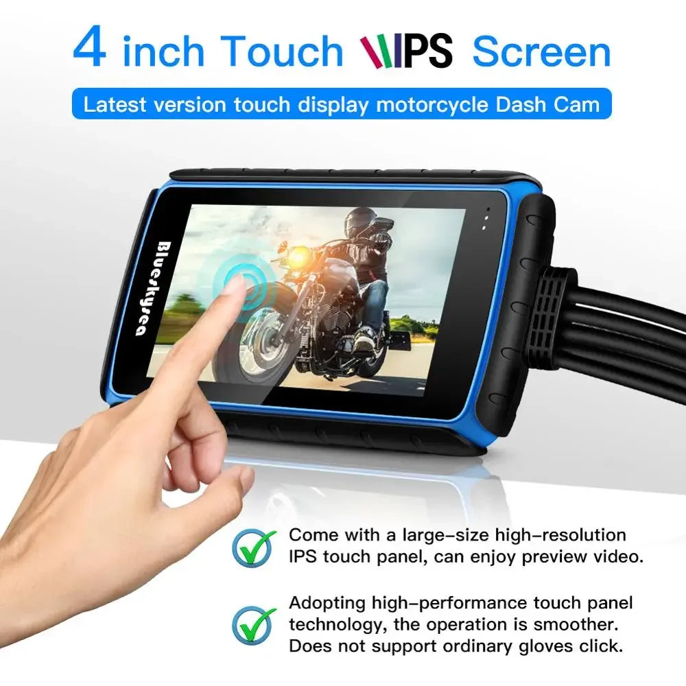 DV988 Motorcycle Dash Cam 1080p  Dual Lens  DVR with 4'' IPS Touch Screen Waterproof IP66 Loop Recording with GPS