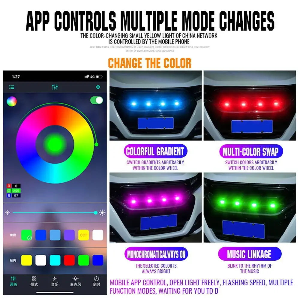 Led Car Front Grille Lighting Universal Daytime Running Light RGB APP Control Central Grid Warning Light Exterior Accessories