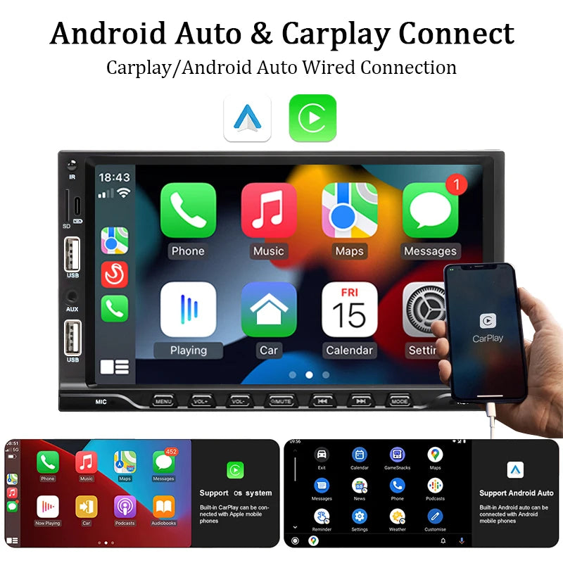 7inch Carplay Android Auto 1 Din Car Radio MP5 Multimedia Player Touch Screen FM Aux Input Bluetooth USB MirrorLink Universal