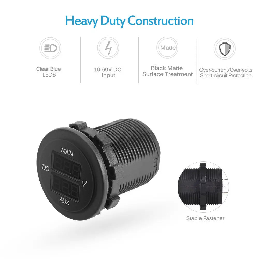 LED Car Digital Double Voltmeter Round Panel Voltage Monitor for Car Pickup RV Truck