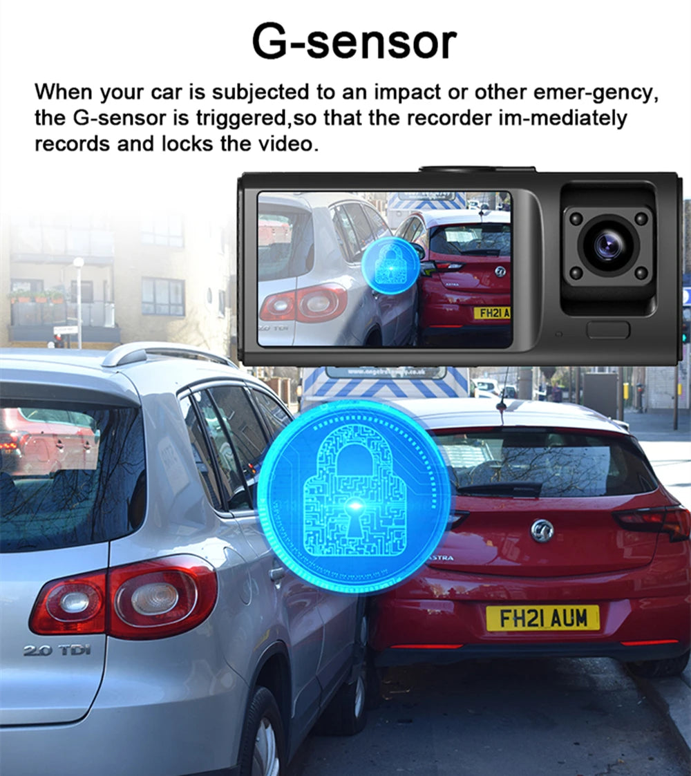 3 Channel Dash Cam for Cars Camera HD 1080P 3-Lens Vehicle Video Recorder Black Box Dual Lens Inside Car DVR Rear View Camera