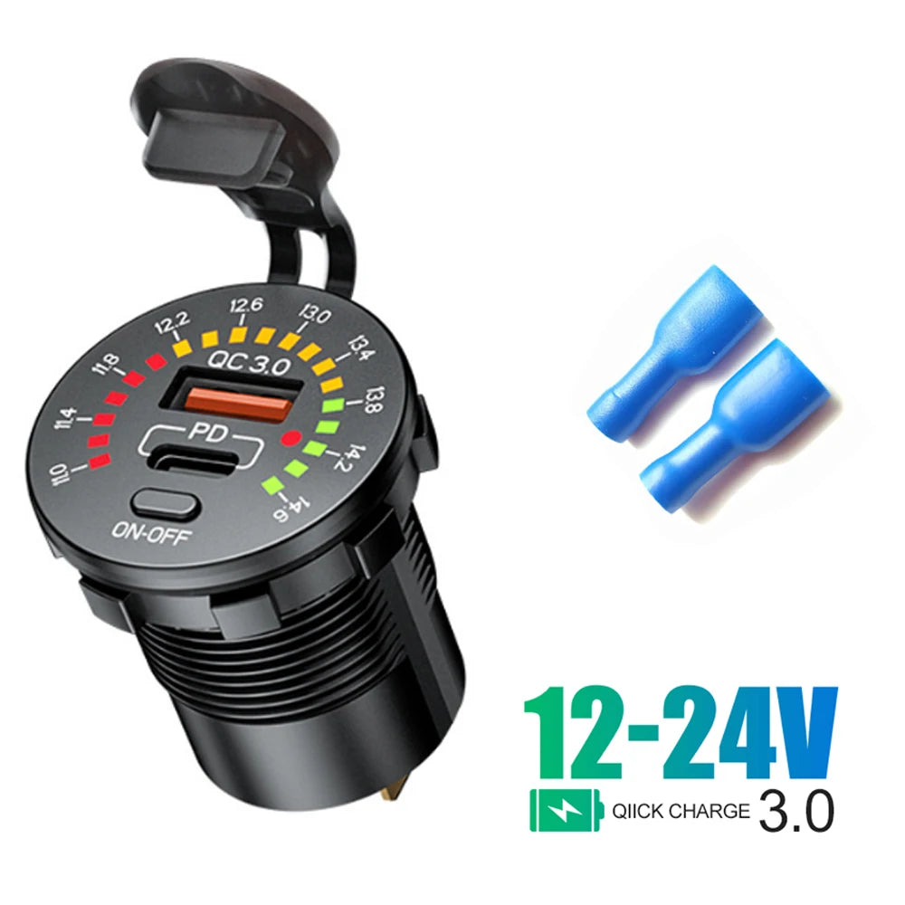 Car Charger with LED  36W Dual USB QC 3.0  12/24V Waterproof USB PD Outlet Fast Charge For Car Motorcycle