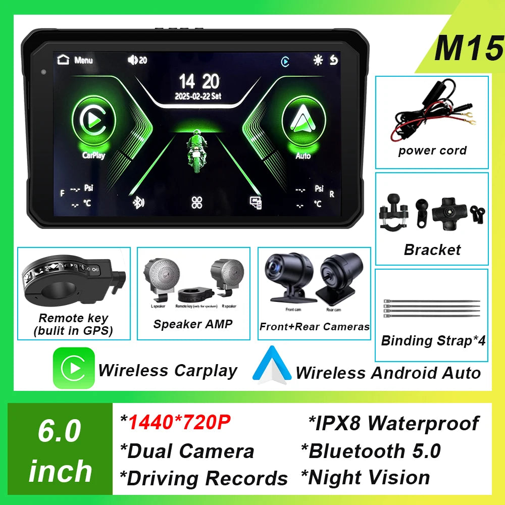 6 inch Screen For Car Motorcycle Waterproof  IPX8 Monitor Dash Cam GPS Navigation Wireless Carplay Android Auto With TPMS DVR