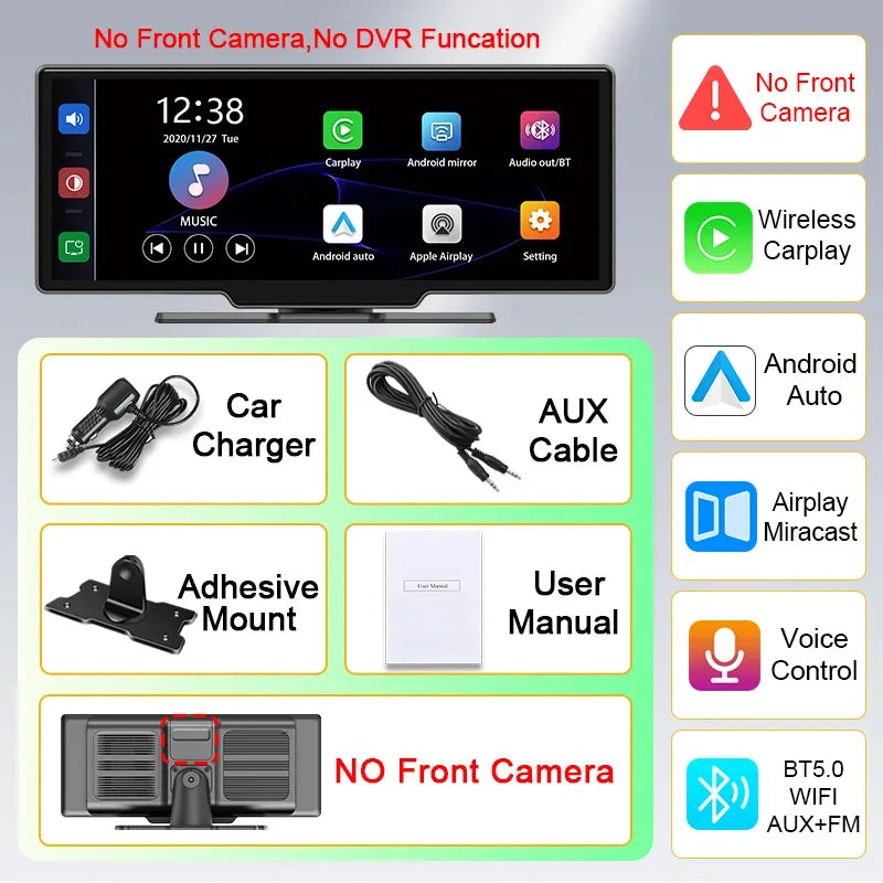 10.26" Wireless Carplay & Android Auto 4K Dash DVR Cam Smart Screen Dashboard Video Recorder Rearview Camera BT Mirror Monitor