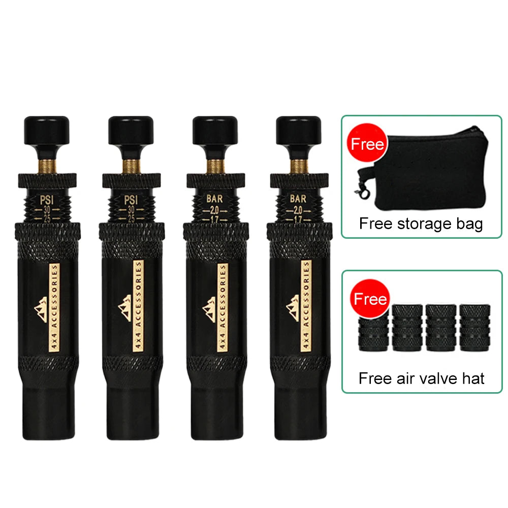 4pcs Adjustable Auto-Stop Tire Deflator Valve Kit (10-30 PSI)Screw-on Tyre Air Down Tool for Vehicles Motorcycle Offroad 4x4