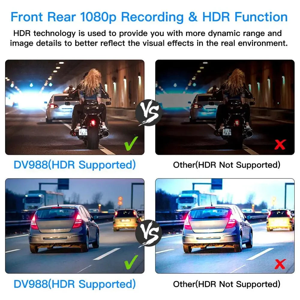 DV988 Motorcycle Dash Cam 1080p  Dual Lens  DVR with 4'' IPS Touch Screen Waterproof IP66 Loop Recording with GPS