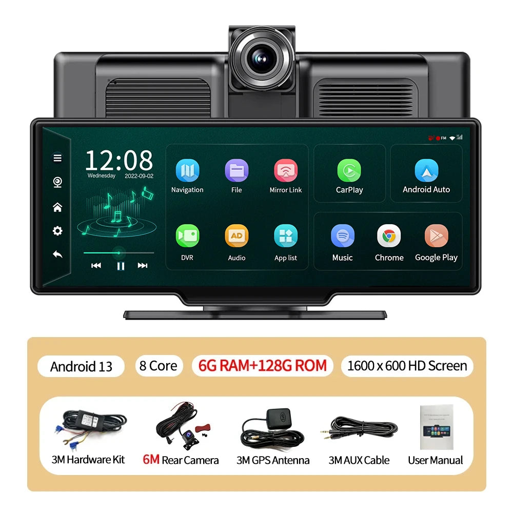 10.26''Dashboard Android 13 Dash Cam 5.1Bluetooth U Disk ADAS GPS Navigation FM AUX 24H Parking Monitor Car DVR Video Recorder