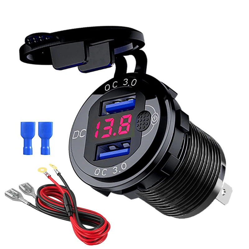 Quick Charger Aluminum QC3.0 Dual USB Car Charger with Switch Button LED Voltage Display for 12V/24V Cars Boats Motorcycle