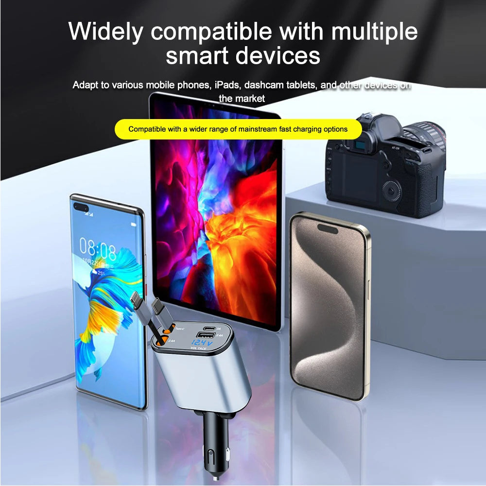 KEBIDUMEI D2 Car Charger Type-C Fast Charging Power Adapter Cable Digital Display Retractable 4in1 Phone Chargers Car Accesories