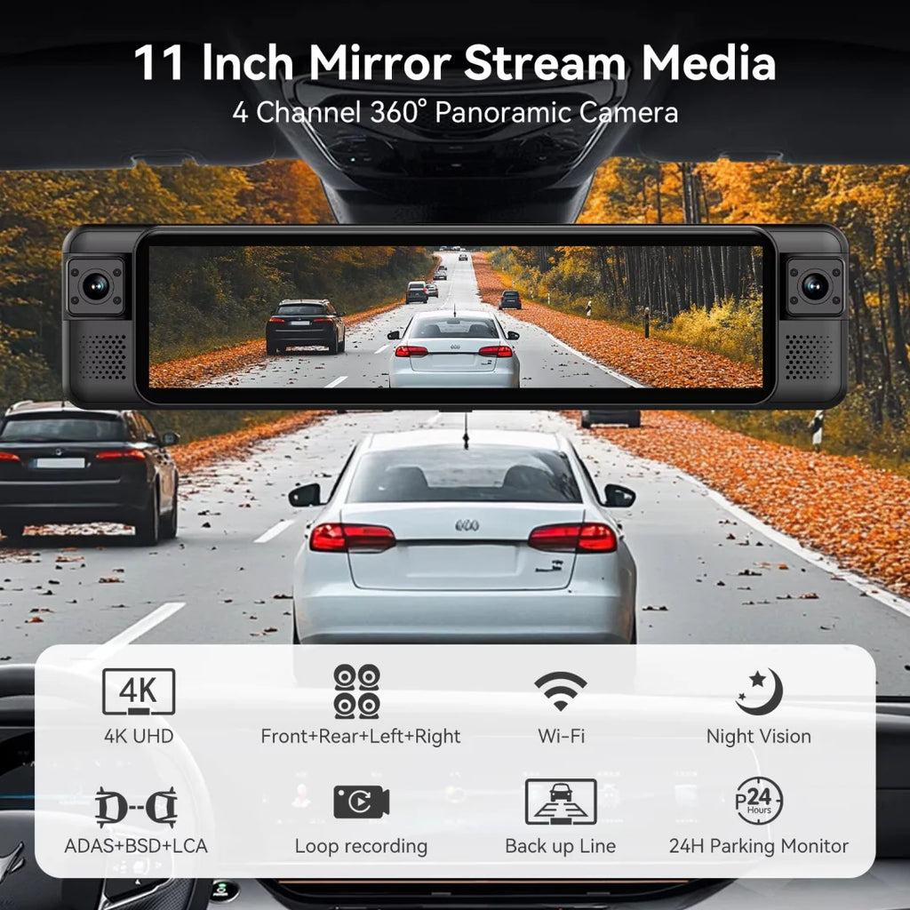4K Mirror Dash Cam 4 Channel WIFI GPS ADAS BSD Blind Spot Detection Reverse Assist RearView Mirror Car DVR with Special Bracket
