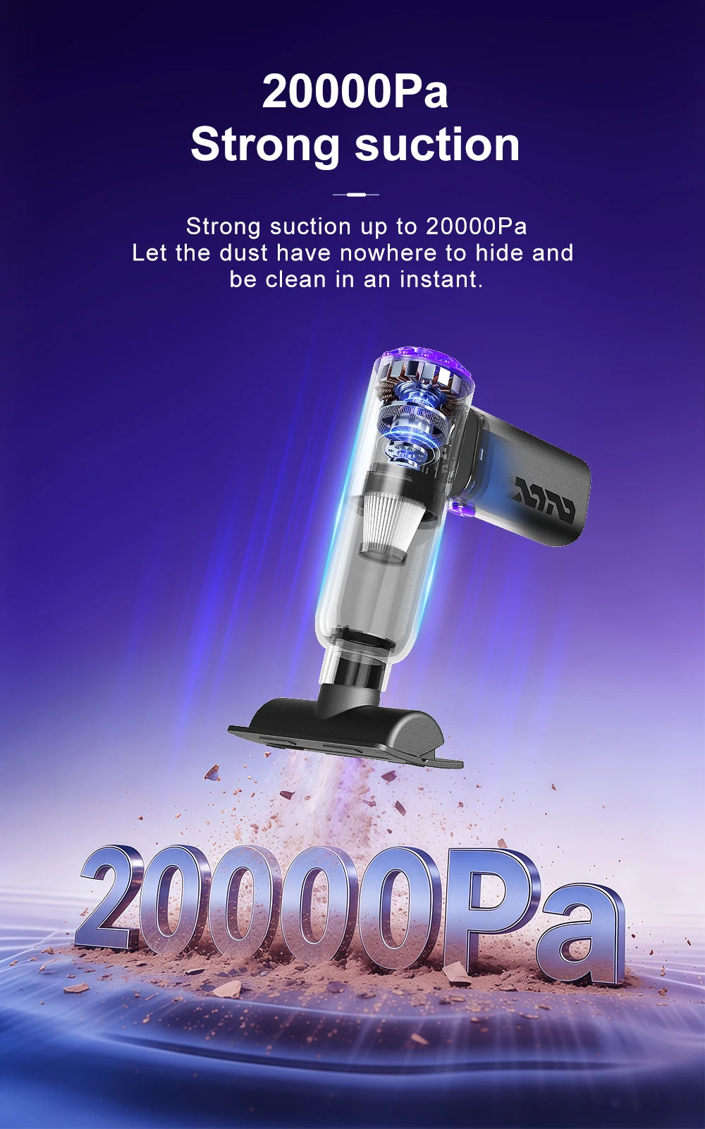 Mini Car Vacuum Cleaner | 20000Pa Strong Suction | 130,000 RPM Brushless Motor | 2*2000mAh Battery | Multi-Nozzle Set