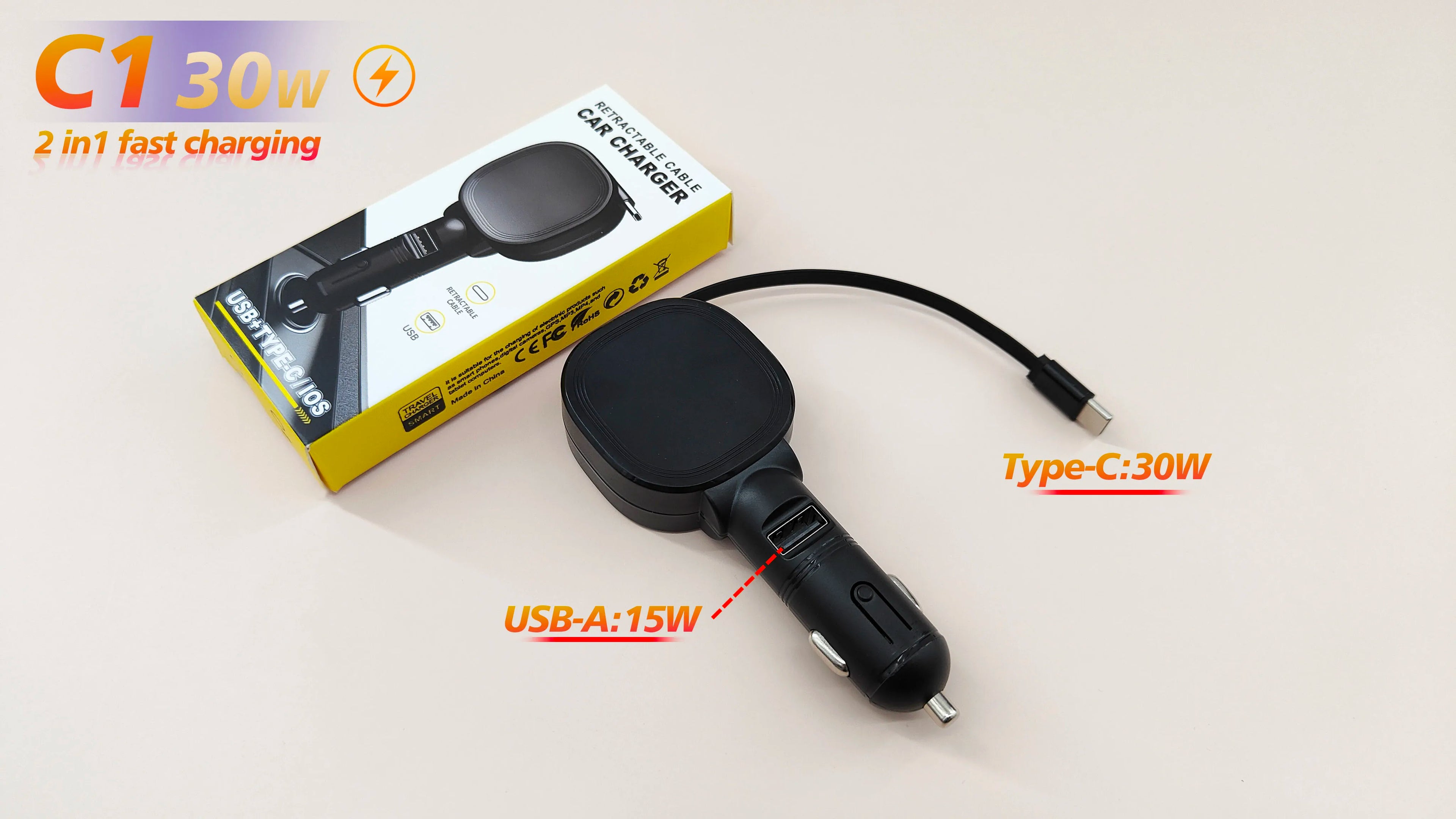 30W Car Charger 2 in 1 Retractable Cable QC PD Fast Car Phone Charger