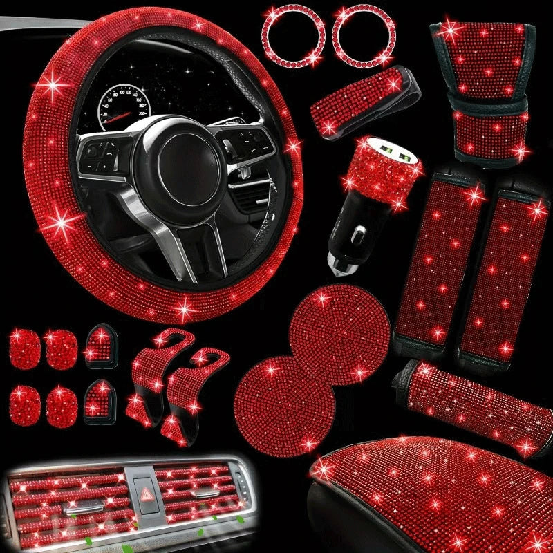 Car Accessories Set 30 Piece Women Bling Universal Steering Wheel Cover Shiny Air Outlet Coasters Tools Hook L Hand Brake Etc.