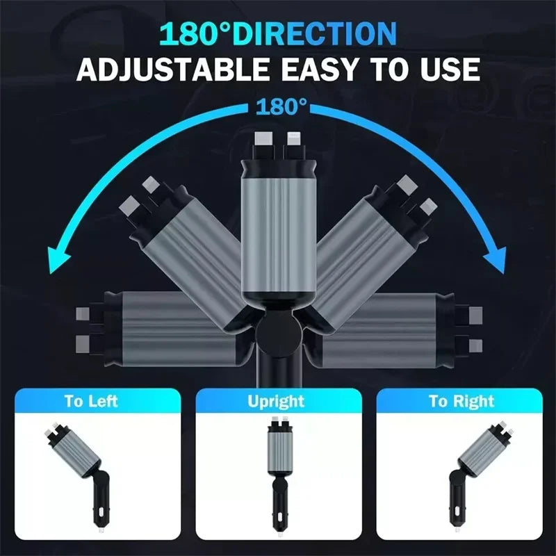Super Fast Car Phone Charger, 120W Car Phone Charger With Retractable Cables USB And Type-C Port, 4 IN 1 Retractable Car Charger