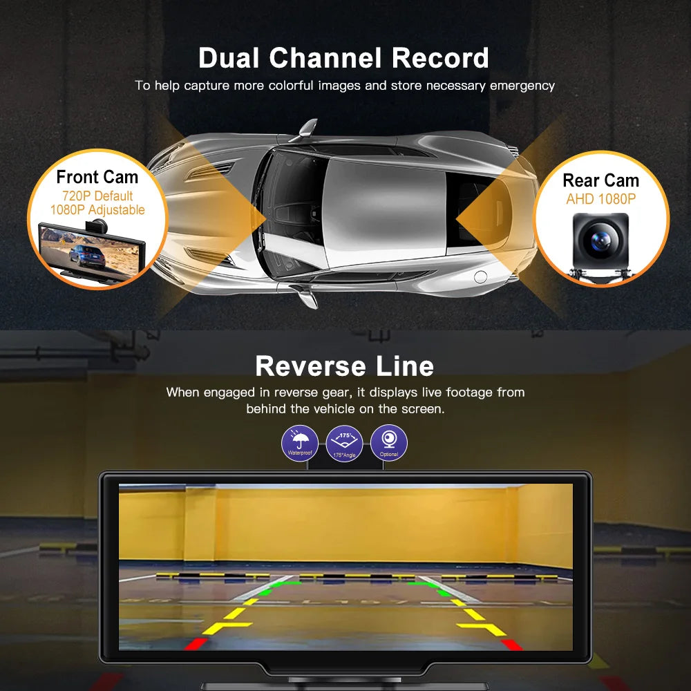 10.26''Dashboard Android 13 Dash Cam 5.1Bluetooth U Disk ADAS GPS Navigation FM AUX 24H Parking Monitor Car DVR Video Recorder