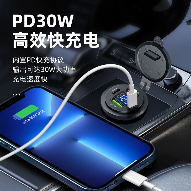 86W Car Charger PD Type C QC3.0 Fast Charging with Voltmeter Power Outlet Adapter Waterproof 12V/24V for Car Boat Motorcycle