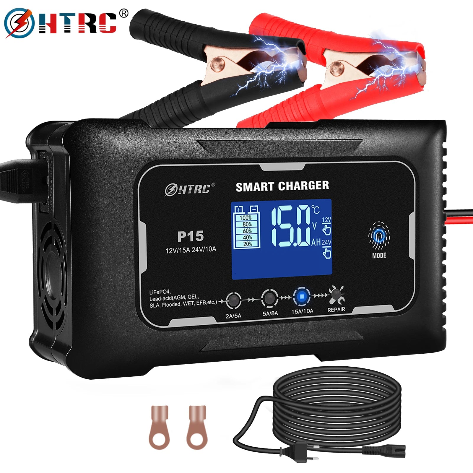 HTRC 12V/24V 15A Car Battery Charger Smart Charger for Lead-Acid PB LiFePO4 Battery 7-Stage Automatic Car Motorcycle Charger