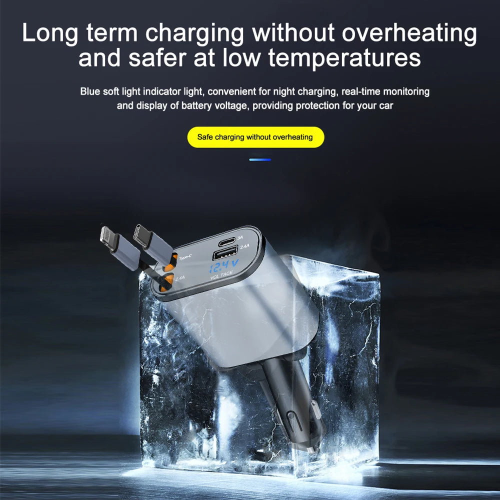 KEBIDUMEI D2 Car Charger Type-C Fast Charging Power Adapter Cable Digital Display Retractable 4in1 Phone Chargers Car Accesories