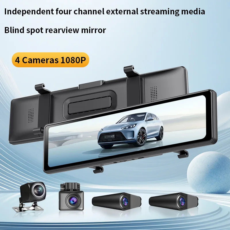 12 Inch Car DVR Dash Cam 4 Channel HD Loop Recording 360 Degree All Around View Streaming Mirror Rearview Camera Video Recorder