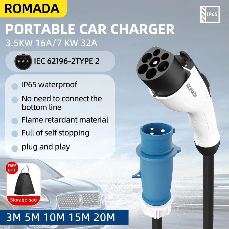 For Electric Vehicle 7KW 32A EV Portable Charger 3M 5M 10M 15M 20M Cable Type2 IEC62196 EVSE CEE Plug Wallbox Adapter