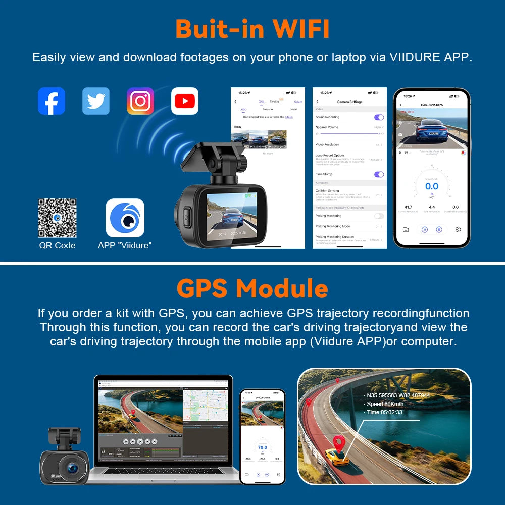 Dash Cam 4K UHD Recording Car Camera DVR Night Vision Video Recorder GPS Wi-Fi Support Dual Lens 4K Rear View Camera