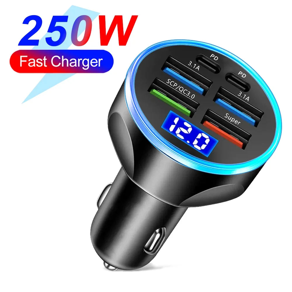 Car Mounted Charger with Led Digital Display 27W 6 in 1 Quick Adapter 4 Usb Port 2 Type-C Pd Car Charging Station Charger