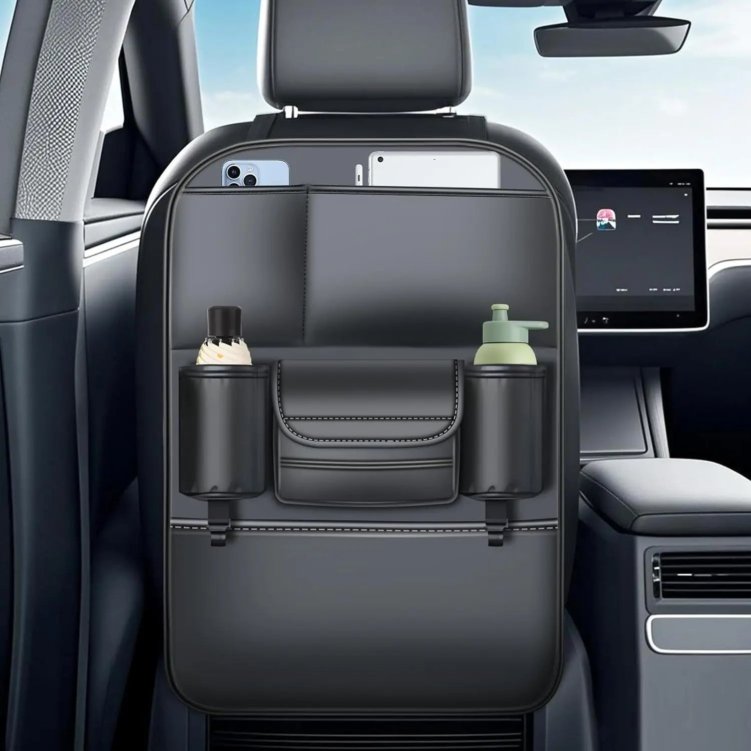 Backseat Car Organizer Leather Back of Seat Car Organizers for Drivers with Large Capacity 6 Storage Pockets Waterproof Kick Mat