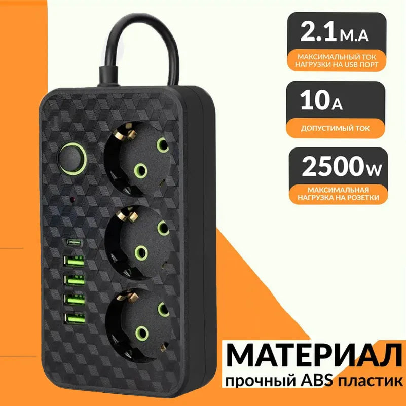 EU Plug Outlet 4 Sockets Multitap Wall Power Strip Electrical Socket 2 USB 1 Type-C Ports No Extension Cord with 2500W MAX Power