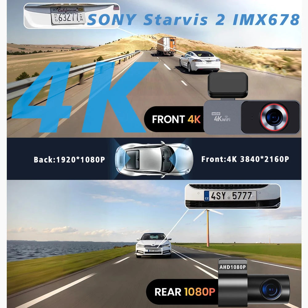 Dash Cam 4K 3840*2160P Car DVR WIFI GPS Mini Dual Lens Camera Front and Rear Dashcam Black Box Video Drive Recorder Night Vision