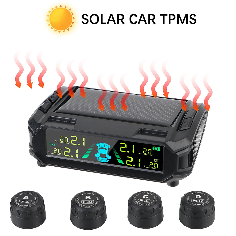 Digital LCD Display USB / Solar TPMS Auto Security Alarm Systems Tyre Temperature Monitor Car Tire Pressure Monitoring System